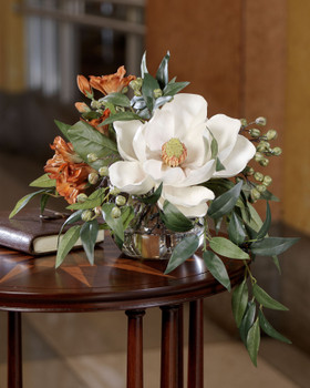 Southern Charm Silk Flower Arrangement, magnolia bloom, rust colored alstromeria, green garbanzo beans and smilax leaves