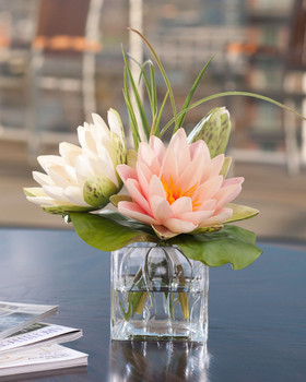 lotus blossom & lily pad silk flower arrangement, peach and cream lotus blooms, natural colors of water lilies, in glass cube