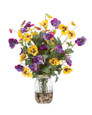 Pansy Perfect Faux Flower Arrangement arranged with pebbles in a pint mason jar of clear acrylic water. Available at Petals.