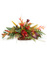 Tropical orchid, calla lily and croton leaves low centerpiece silk flower arrangement
