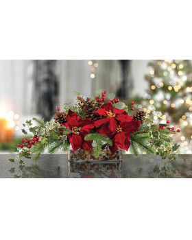 Plush Velvet Poinsettia, Pine & Berries Artificial Christmas Centerpiece in glass vase, by Petals.