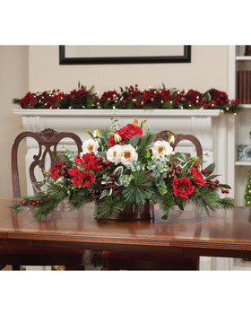 Holly, Pine & Berries Artificial Holiday Centerpiece in metal planter, by Petals.