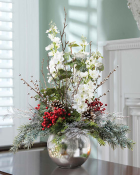 Delphinium, Berries & Iced Pine Artificial Holiday Arrangement, By Petals.
