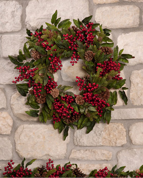 Traditional decorative holiday 24" diameter wreath designed with pine and winter greenery mixed with cones and shiny red berries