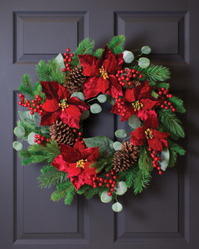 Plush Velvet Poinsettia, Pine & Berries Artificial Christmas Holiday Teardrop