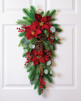 Plush Velvet Poinsettia, Pine & Berries Artificial Christmas Holiday Teardrop